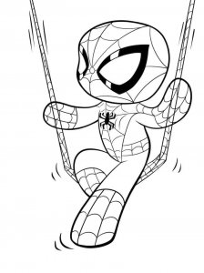 Colouring cute Spiderman swinging on his web