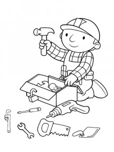 Coloring boy looking for hammer in toolbox