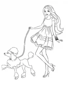 Coloring Barbie walking with a poodle
