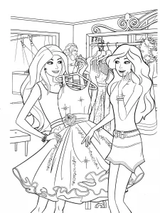 Barbie Coloring Pages with Girlfriend Choosing a Dress