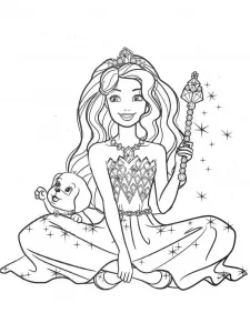 Barbie coloring page with magic wand and puppy