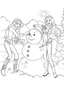 Coloring Barbie and her friend sculpting a snowman