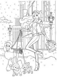 Coloring Barbie Walking the Dogs in Winter