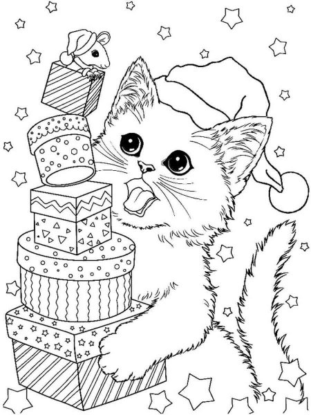 Christmas Cat coloring page - Free printable