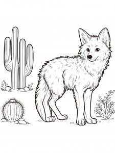 Coyote With Cactus Background Coloring Page