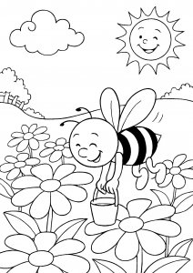 Bee with a bucket flying over a flower field coloring page