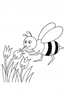 Bee flying toward flowers to collect nectar coloring page