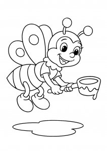 Happy bee in boots carrying honey coloring page