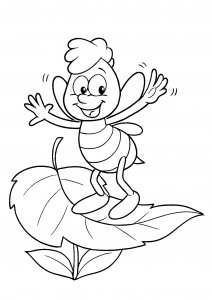 Bee standing on a large leaf with arms raised joyfully coloring page