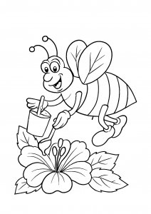 Bee scooping honey from a flower into a bucket coloring page
