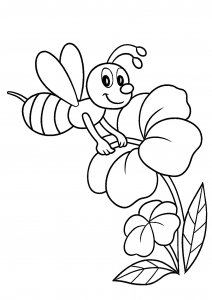 Smiling cartoon bee with flower coloring page