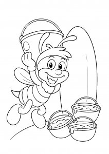 Happy cartoon bee with honey buckets coloring page