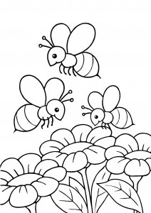Three bees flying over blooming flowers coloring page