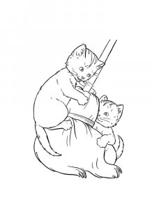 Cats Playing with a Broom Coloring Page