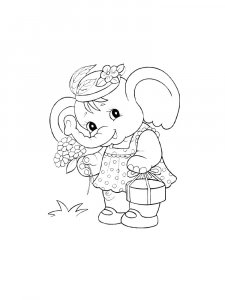 Elephant With Flowers and a Gift Coloring Page