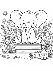 Baby Elephant Sitting on a Box With Flowers Coloring Page