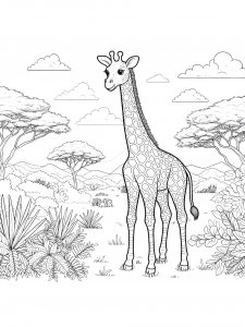 Giraffe With Lush Vegetation Background Coloring Page