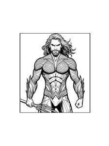 Aquaman in full ocean armor holding a trident coloring page