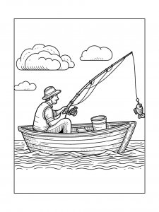 Fisherman holding a rod with a fish above the water in a wooden boat coloring page