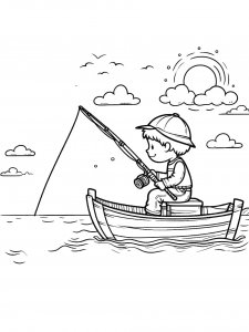 Kid holding a fishing rod with the line cast into the water from a boat coloring page