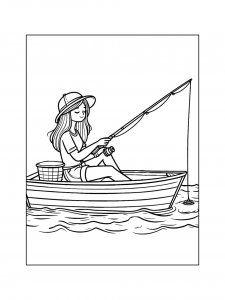 Girl fishing from a boat coloring page