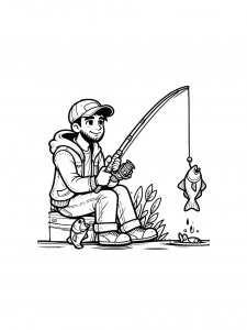 Fisherman who caught a fish coloring page