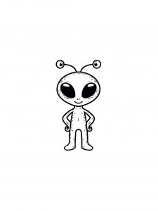 Smiling alien with antennae and big black eyes coloring page