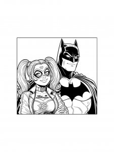 Harley Quinn smirking next to Batman coloring page