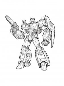 Transformer robot with a gun and shield in an armored suit coloring page