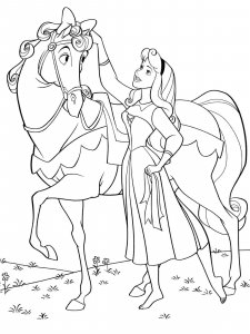 Coloring page Aurora decorates her horse with a bow