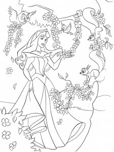Coloring page Aurora in the flower garden with animals