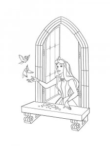 Coloring page Aurora feeds the birds from the window