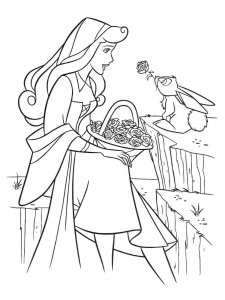 Coloring page rabbit helps Aurora pick flowers