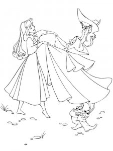 Coloring page Aurora dances with an owl, a squirrel and rabbits