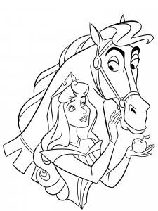 Coloring page Aurora treats a horse with an apple
