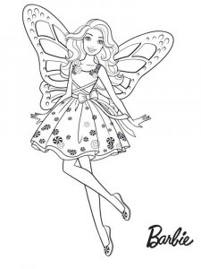 Coloring page cute Barbie in a beautiful dress with wings