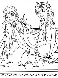 Coloring page Elsa and Anna sit on their knees next to Olaf