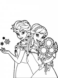 Coloring pages Elsa and Anna with flowers