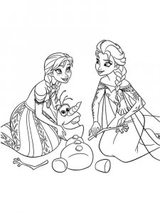Coloring pages Elsa and Anna play with Olaf